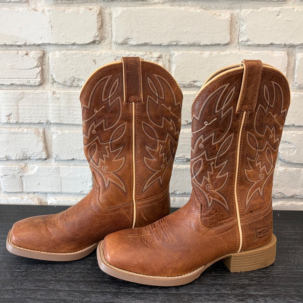 Justin Womens Halter Cognac Leather Square Toe Western Cowboy Boots Size 8B